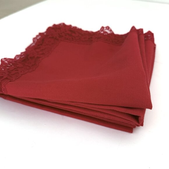 Vintage Pure Red Oval Tablecloth 6 Square Napkins Lace Trim On All Immaculate! - Picture 3 of 14